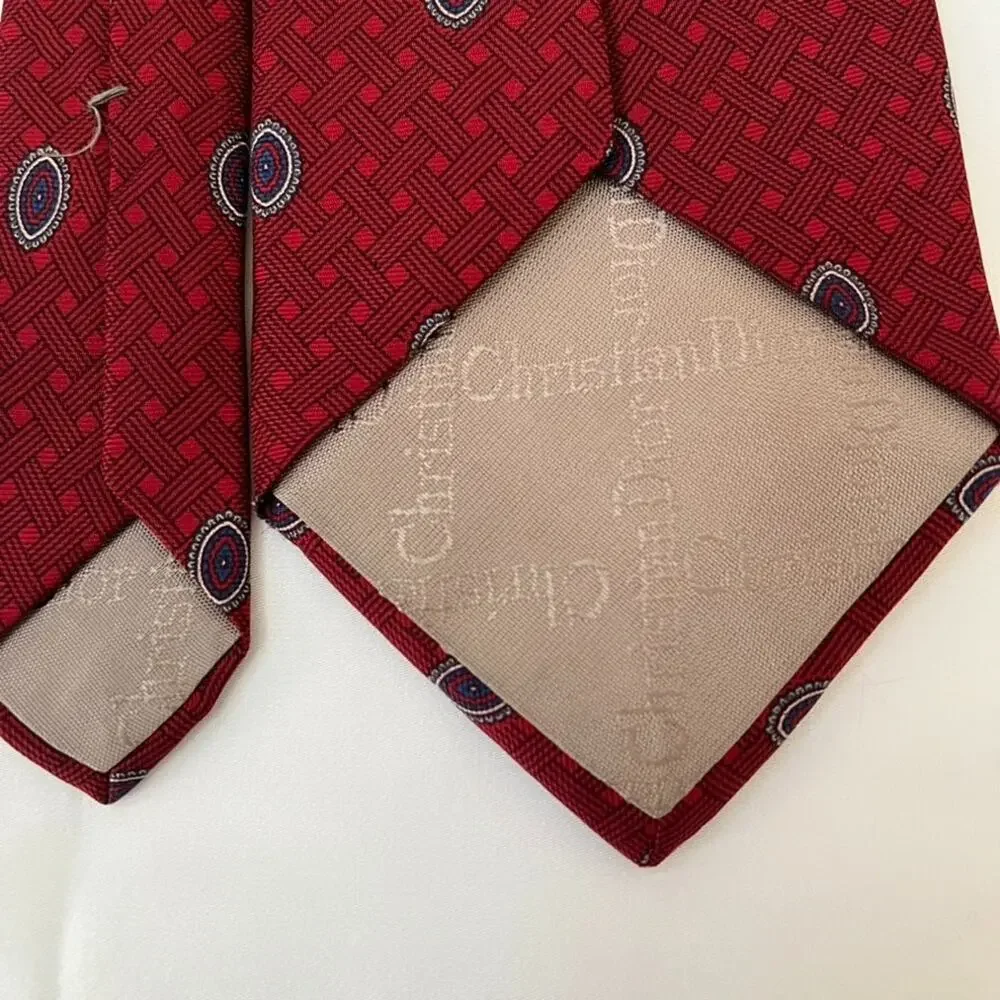 Vintage Christian Dior Mens' Red Silk Neck Tie All Over Print Fabric Woven Italy